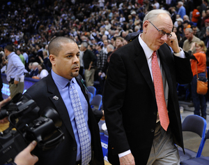 Jim Boeheim walks off the court in his final Big East game against UConn. After the loss he said the rivalry would deteriorate as Syracuse moves to the ACC.