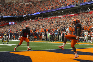 Estime celebrates after scoring SU's first touchdown of the game. The wide receiver racked up 261 all-purpose yards on 12 touches, including six kick returns, two punt returns, two catches and two rushes.