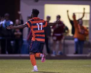 Chris Nanco celebrates after scoring Syracuse's second goal on Wednesday night. The Orange advanced to the ACC tournament quarterfinals with a 2-0 win over N.C. State.