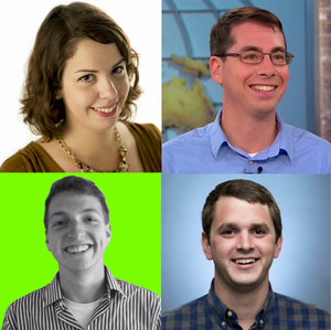 Clockwise from left: Caitlin Dewey ('11), Jared Diamond ('10), Jesse Dougherty ('16) and Sam Fortier ('18).